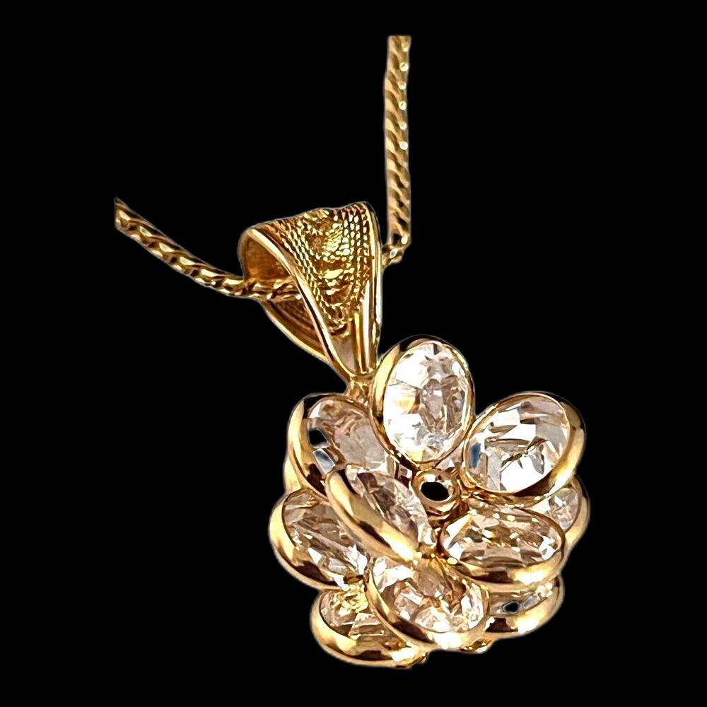 Vintage 1960s Crystal Pendant Necklace Gold Tone Bezel Set Midcentury NOS - 1V